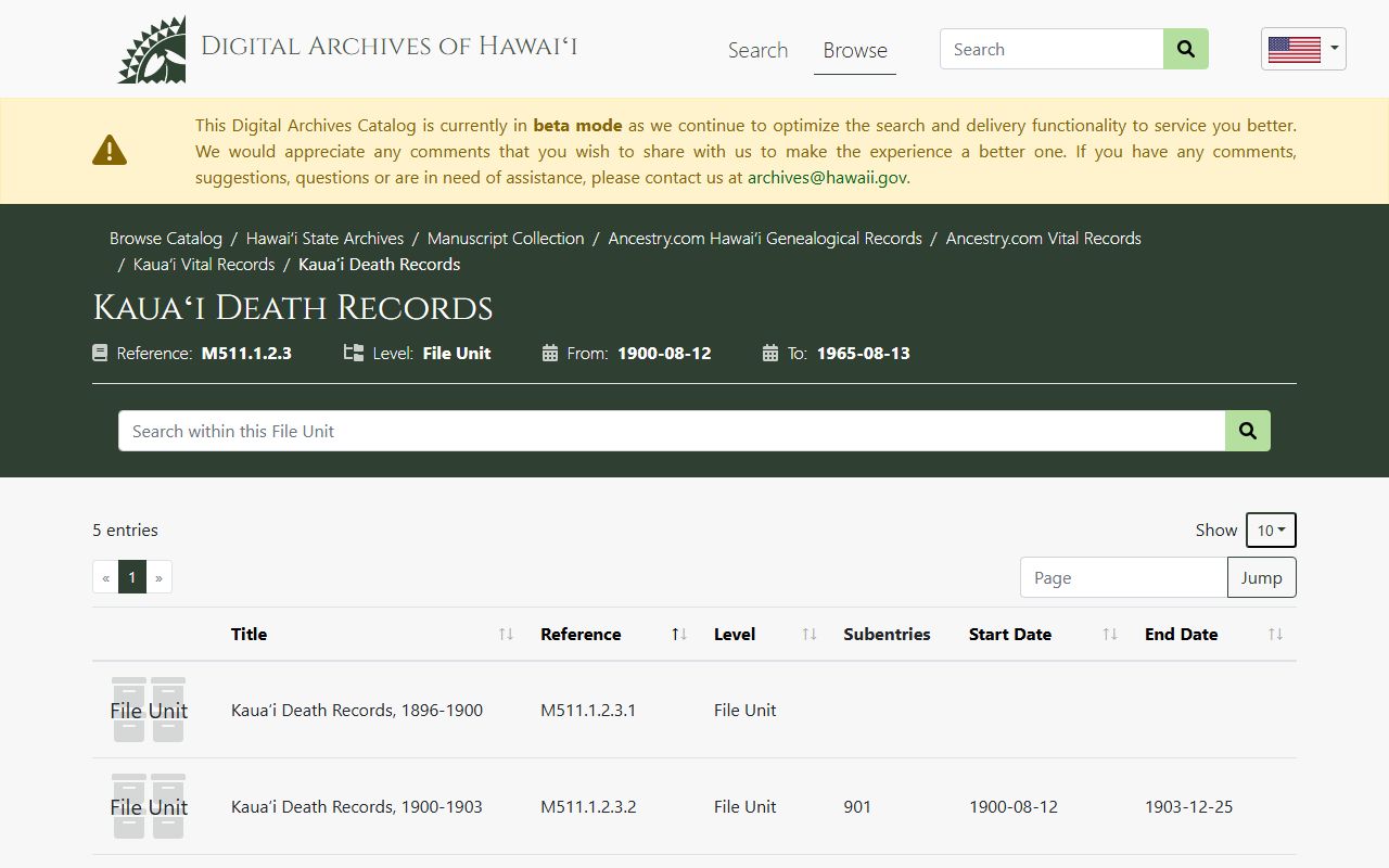 Digital Archives of Hawaii Kauai death records obituary research