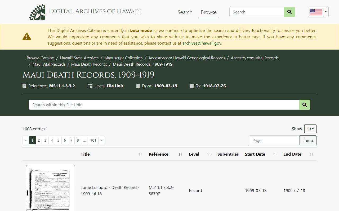 Digital Archives of Hawaii Maui death records obituary research