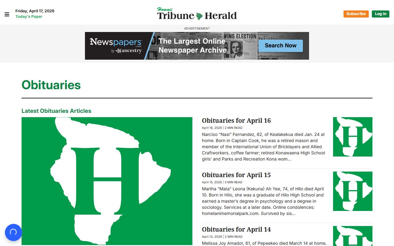 Hawaii Tribune-Herald Hilo obituary and death notice listings