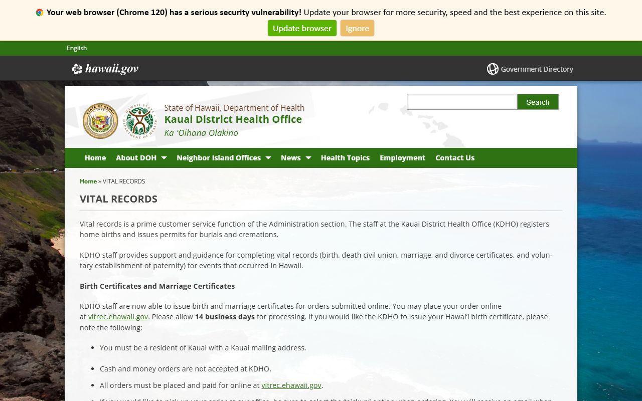 Kauai District Health Office Lihue obituary vital records