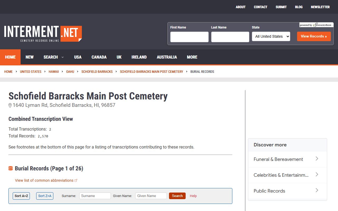 Schofield Barracks Main Post headstone obituary records
