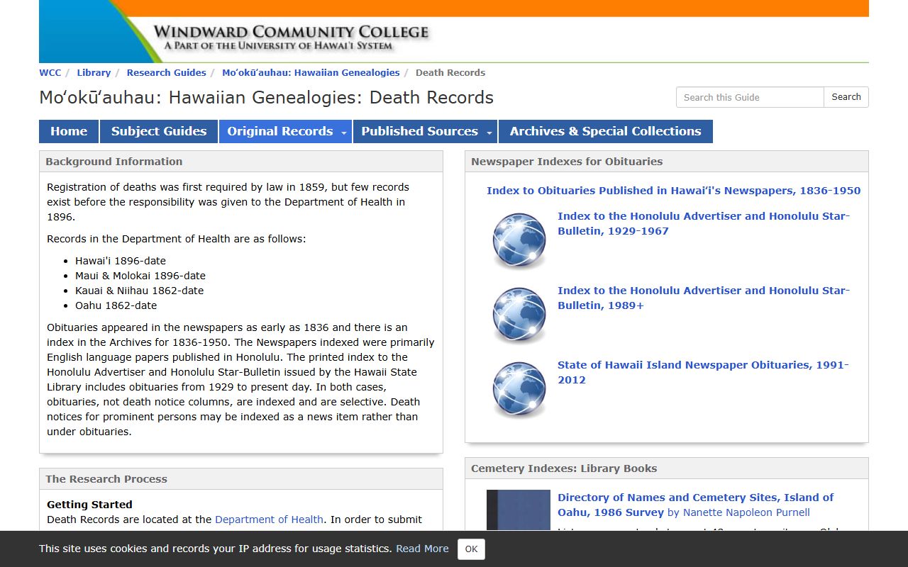 Kailua obituary records research through the Windward Community College death records guide