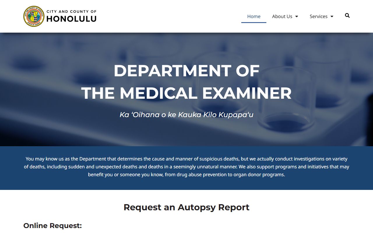 City and County of Honolulu Department of the Medical Examiner obituary autopsy records