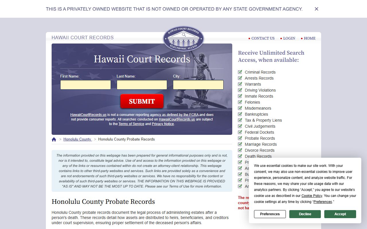 Honolulu County First Circuit probate court obituary and estate records