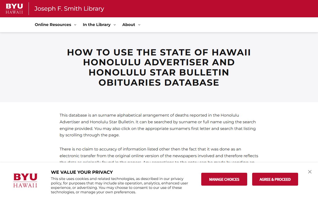 BYU-Hawaii Joseph F. Smith Library Hawaii obituaries database