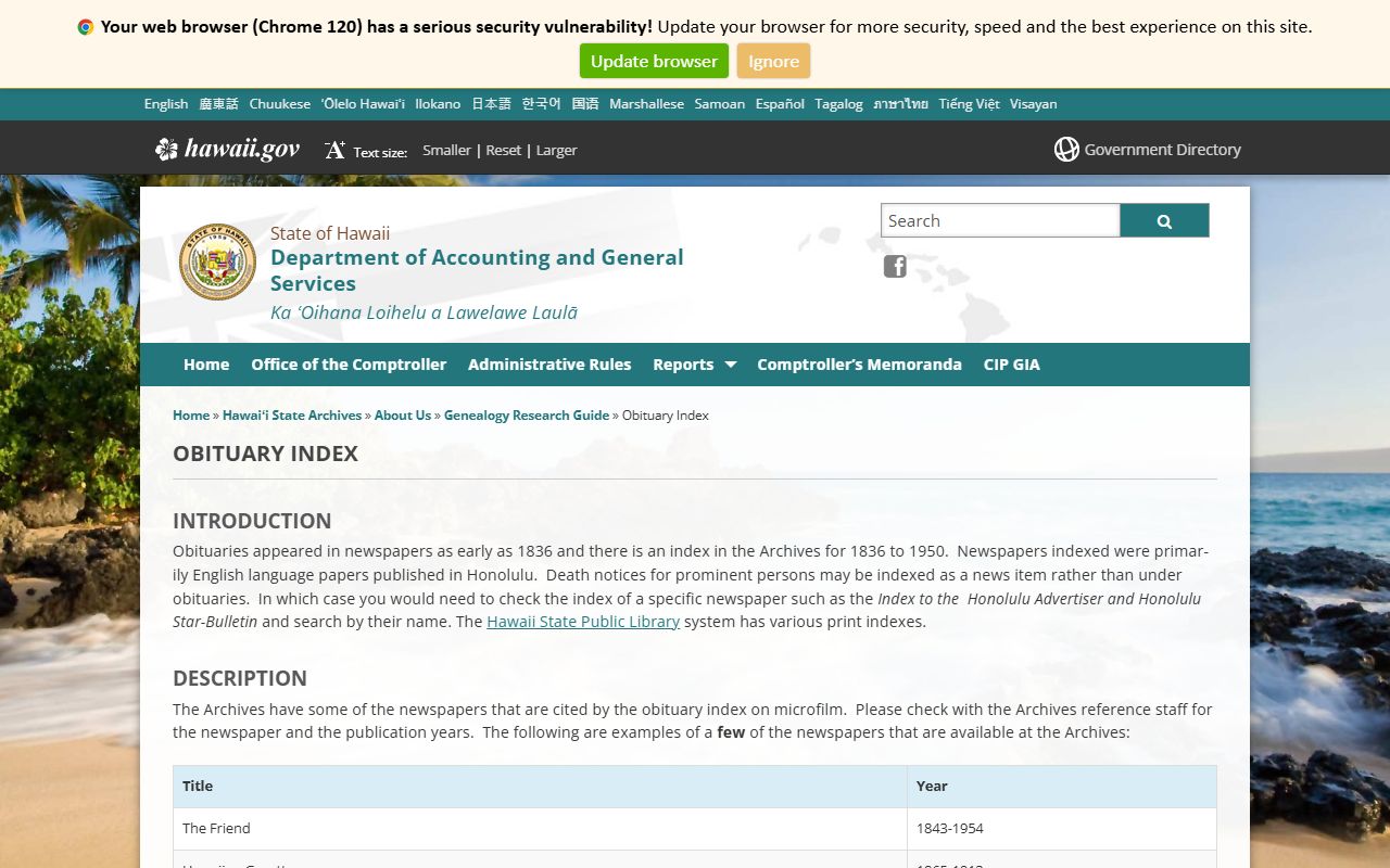 Hawaii State Archives Hawaii obituary index 1836 to 1950