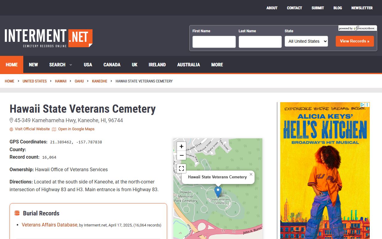 Hawaii State Veterans Cemetery Kaneohe burial and obituary records