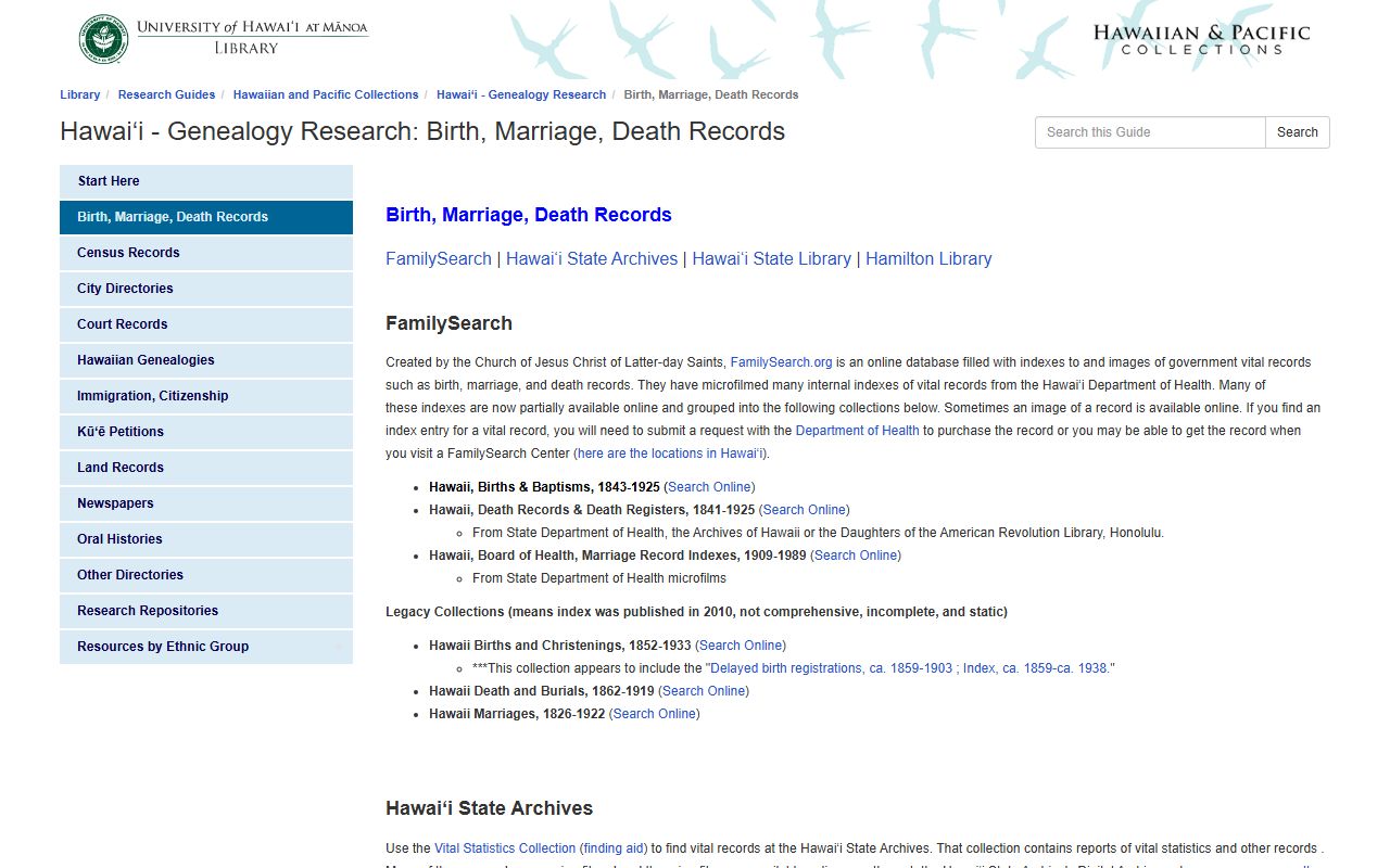 University of Hawaii Manoa Hawaii obituary genealogy research guide